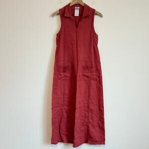Vintage Laura Ashley Red Linen Long Maxi Midi Dress Cotton Trim V Neck Size 6